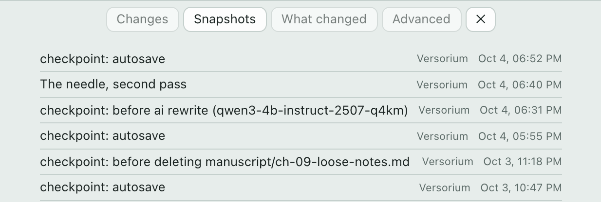 The History panel, Snapshots tab: autosaves on 4 October at 5:55 PM and 6:52 PM, a snapshot taken before an AI rewrite at 6:31 PM, and one described by hand, “The needle, second pass”, at 6:40 PM; below them, two from the day before.