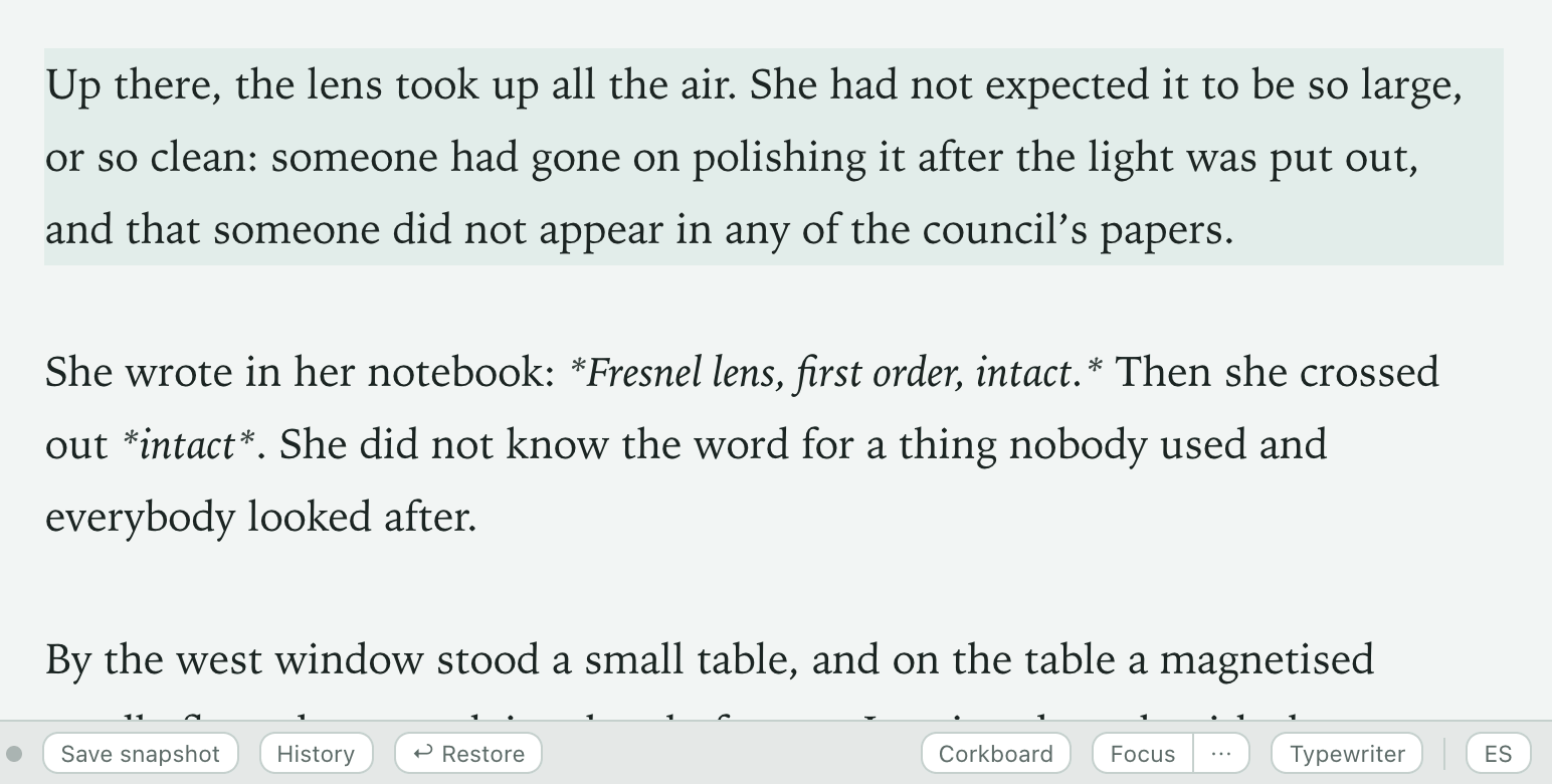 In the editor, a deleted sentence comes back when ↩ Restore is pressed in the status bar.