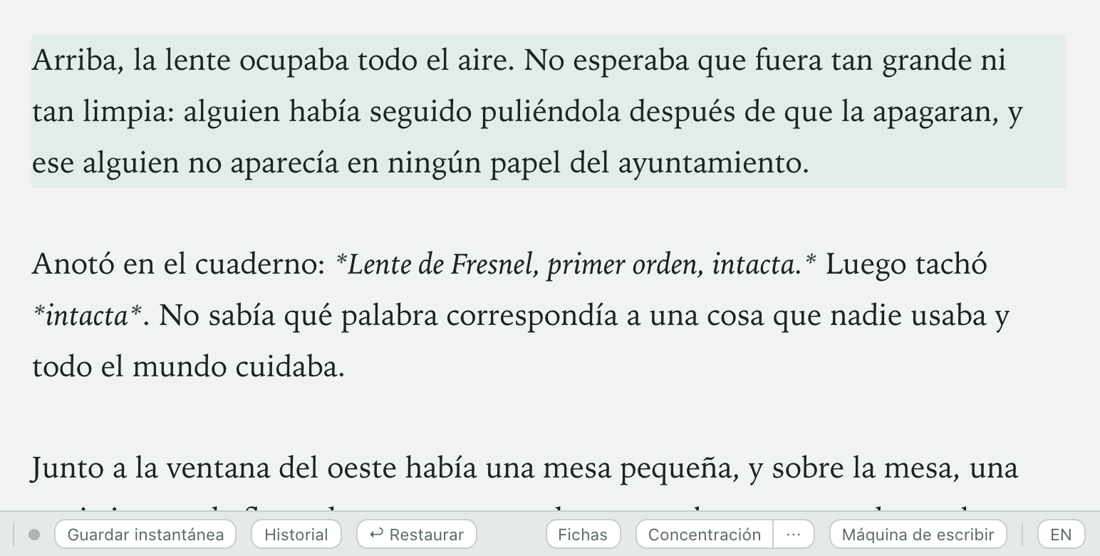 En el editor, una frase borrada vuelve a su sitio al pulsar ↩ Restaurar en la barra de estado.