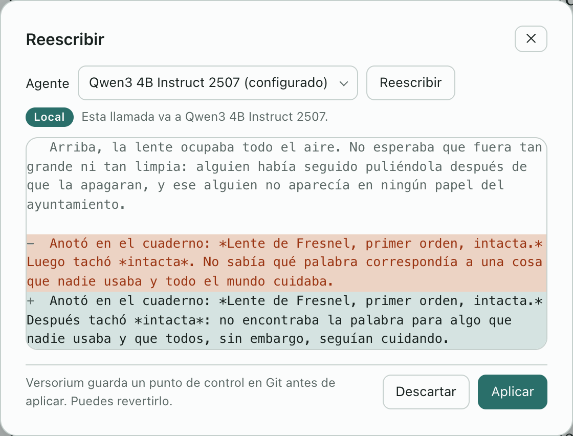 El diálogo Reescribir. El agente es Qwen3 4B Instruct 2507, marcado como Local: «Esta llamada va a Qwen3 4B Instruct 2507». La vista previa muestra un párrafo sin cambios, el párrafo original en rojo y la versión propuesta en verde. Abajo, «Versorium guarda un punto de control en Git antes de aplicar. Puedes revertirlo.» y los botones Descartar y Aplicar.
